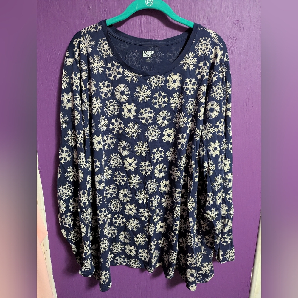 Lands' End Navy White Snowflake Print Long Sleeve Tee 3X 4X 22 24 26